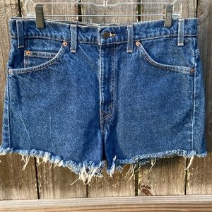 Vintage 1990s Levi’s Orange Tab Distressed Jean Shorts Dark Wash